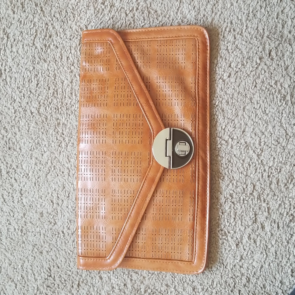 MMS Cognac envelope clutch silver latch used 13×7